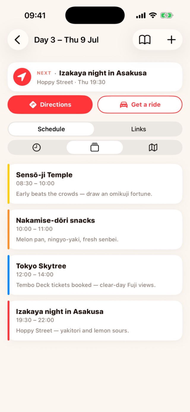 A single day in Wandrr: Next up card for Izakaya night in Asakusa, red Directions and Get a ride buttons, then a timed schedule from Sensō-ji Temple to Tokyo Skytree