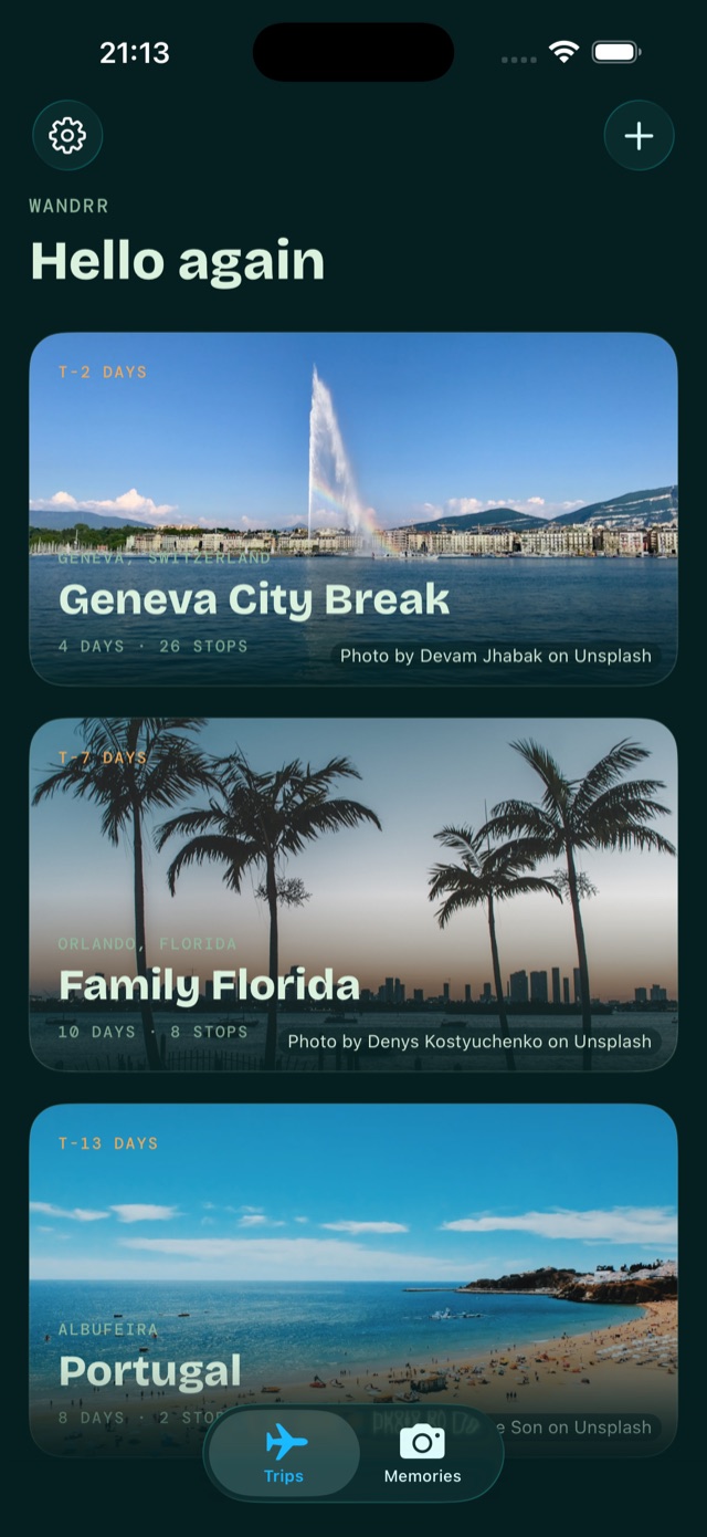 The same itinerary in the Evergreen theme: mint headings on deep green with a glowing photo day card