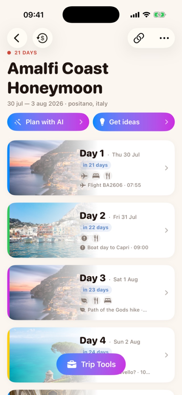 Amalfi Coast Honeymoon itinerary: colour-coded day cards including a boat day to Capri and the Path of the Gods hike