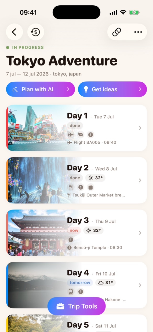 Tokyo Adventure itinerary in Wandrr with Plan-with-AI button and photo day cards