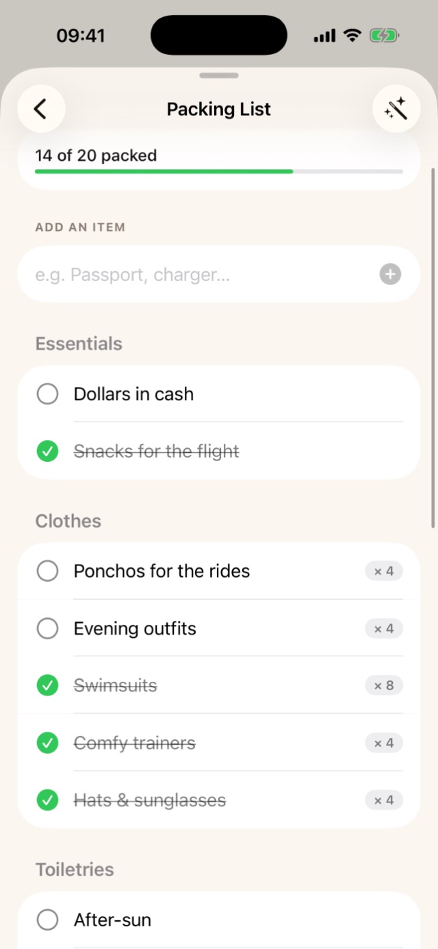 Packing list: 14 of 20 packed with a progress bar, items with quantities like swimsuits ×8 and ponchos for the rides ×4, and an AI wand button