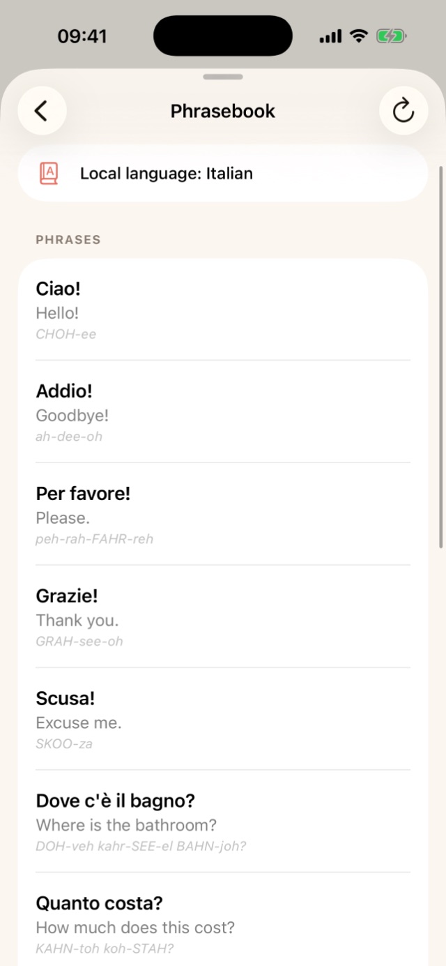 Phrasebook with local language Italian: Ciao, Addio, Per favore, Grazie with English translations and phonetic pronunciations